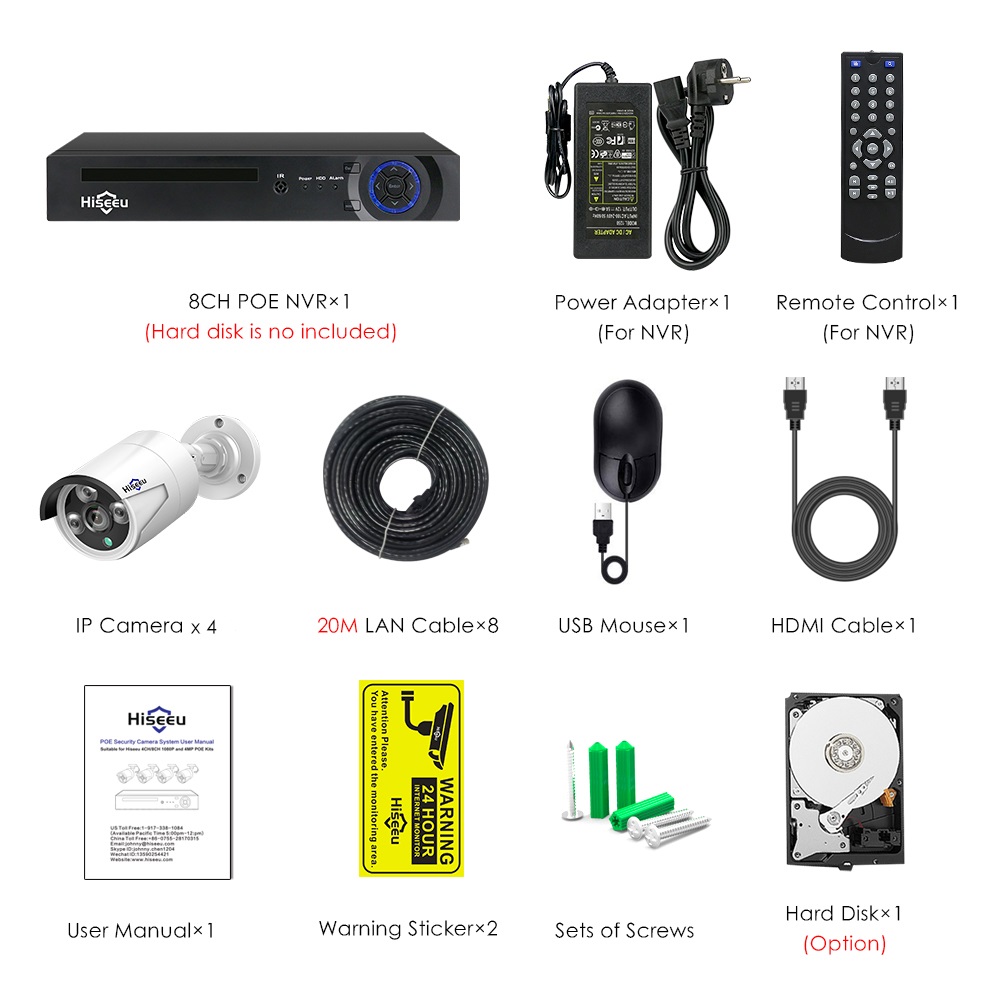Комплект видеонаблюдения Hiseeu 4ch POE KIT-8HB612 на 2Mp-1080P